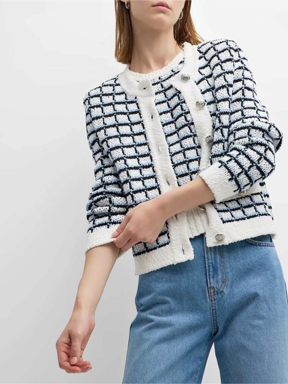 Veronica Beard Lavigne Check Organic Cotton Cardigan White & Black Large